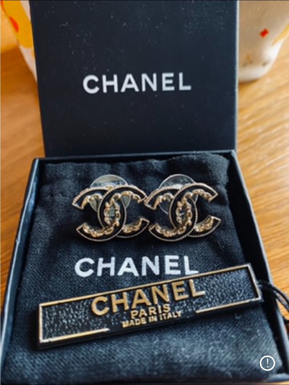 CHANEL Gold and Black CC Logo Stud Earrings
